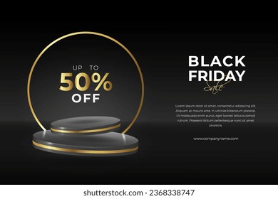 Schwarz-goldener Hintergrund mit realistischem 3D-Schwimmzylinder-Podium. Modernes Vektorsymbol mit bis zu 50 % Rabatt auf Text. Schwarzer Friday Verkauf Szene für Produkte präsentieren.