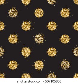 Black and gold background with shiny glitter dots decoration. Seamless pattern. Great for christmas and birthday cards, celebration posters, wedding invitations. EPS10 vector illustration.