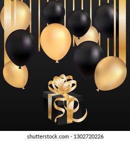 Black and gold balloon, gift box on ar deco background. Vector illustration.