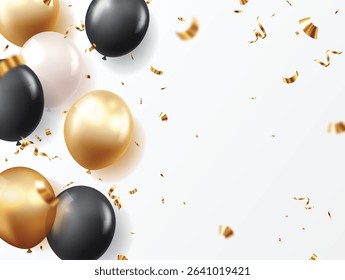 Black and gold balloons with confetti for invitation cards, celebration banner