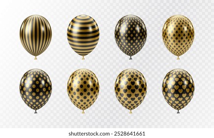 Ballons aus schwarzem Gold. Luxuriöse realistische Ballons. 3D glänzend gepunktetes Muster. Weihnachtsfeier, Black Friday, Geburtstag und Jubiläumsdekoration. Vektor-Design-Element für Feierlichkeiten.