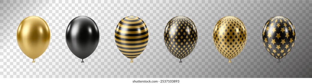 Black Gold balloons set. Luxury realistic balloons. 3D glossy dotted pattern. Christmas party, Black Friday, birthday and anniversary decoration. Celebration vector design element.