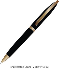Black and gold Ballpoint pen side view illustration. Ball pen vector. 