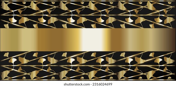 Black and gold banner with ginkgo flower pattern. Golden floral motif, seamless foliage on geometric structure. Central golden frame. Elegant abstract background.