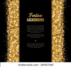 Black and Gold Banner, Greeting Card Design. Golden Dust. Vector Illustration. Happy New Year and Christmas Poster Invitation Template. Place for your Text Message.