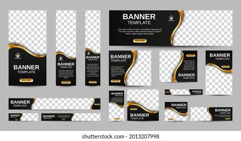 Black and gold Banner templates set with standard size for web. Business banner with place for photos for Social Media, Cover ads banner, flyer, invitation card. Vector EPS 10