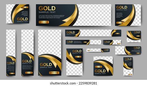 Black and gold Banner templates set with standard size for web. Business banner with place for photos for Social Media, Cover ads banner, flyer, invitation card.