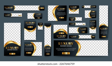 Black and gold Banner templates set with standard size for web. Business banner with place for photos for Social Media, Cover ads banner, flyer, invitation card.	
