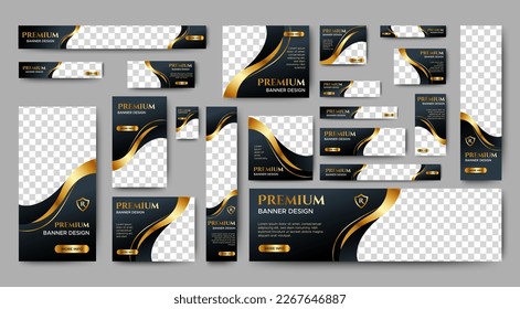 Black and gold Banner templates set with standard size for web. Business banner with place for photos for Social Media, Cover ads banner, flyer, invitation card.	
