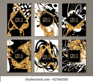 Black And Gold Banners Set, Greeting Card Design. Golden Brush Strokes. Vector Illustration. Painted Poster Invitation Template.