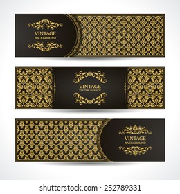 Black and gold banners VIP Vintage ornamental template with damask pattern and decorative frame. Invitation design, Greeting Card