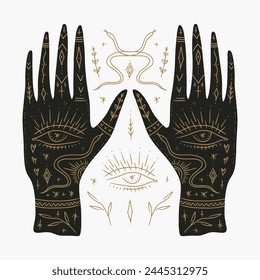 Black gold boho mystical Reiki fine art hand drawn style logo or icon of magic hands. Floral celestial moon herbal set. Perfect for fashion, skin care, wellness, spa, yoga concept illustrations vector