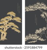 Black and gold bonsai tree or pine tree elements. Japanese background with Asian traditional icon vector. Natural art with brown background in vintage style.