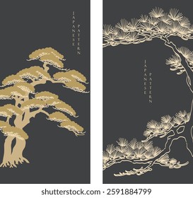 Black and gold bonsai tree or pine tree elements. Japanese background with Asian traditional icon vector. Natural art with brown background in vintage style.