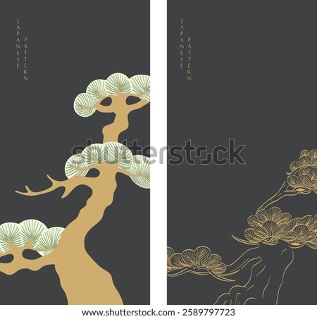 Black and gold bonsai tree or pine tree elements. Japanese background with Asian traditional icon vector. Natural art with brown background in vintage style.