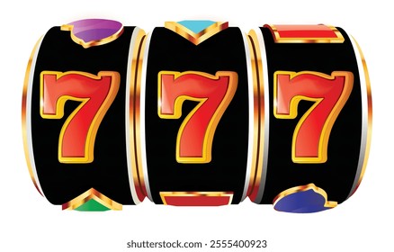 Black and gold bright shiny 777 slot machine with three sevens for casino games. Banner for the website.