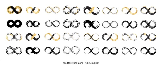 Black and gold brush stroke infinity, moebius vector symbol, logo or limitless sign isolated on white background. Creative infinite or eternity endless icon