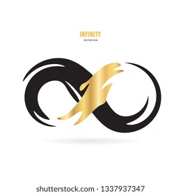Black and gold brush stroke infinity, moebius vector symbol, logo or limitless sign isolated on white background. Creative infinite or eternity endless icon