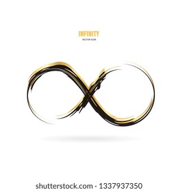 Black and gold brush stroke infinity, moebius vector symbol, logo or limitless sign isolated on white background. Creative infinite or eternity endless icon