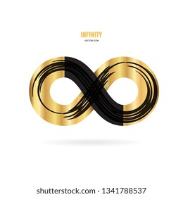 Black and gold brush stroke infinity, moebius vector symbol, logo or limitless sign isolated on white background. Creative infinite or eternity endless icon