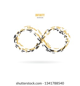 Black and gold brush stroke infinity, moebius vector symbol, logo or limitless sign isolated on white background. Creative infinite or eternity endless icon