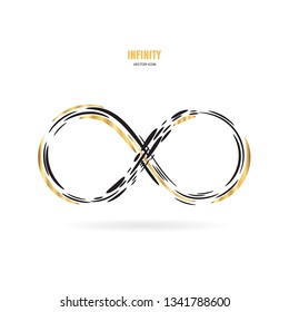Black and gold brush stroke infinity, moebius vector symbol, logo or limitless sign isolated on white background. Creative infinite or eternity endless icon