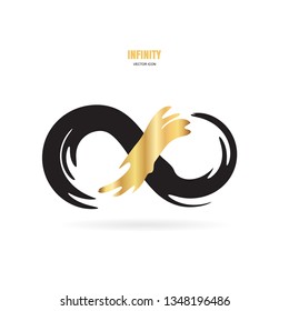 Black and gold brush stroke infinity, moebius vector symbol, logo or limitless sign isolated on white background. Creative infinite or eternity endless icon