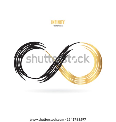 Black and gold brush stroke infinity, moebius vector symbol, logo or limitless sign isolated on white background. Creative infinite or eternity endless icon