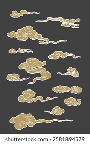 Black and gold brush stroke texture with Japanese chinses cloud pattern in vintage style. Abstract art landscape banner design with watercolor texture vector.