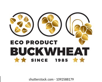 Black and gold buckwheat logo design. Eco buckwheat label isolated on white background. Vector illustration