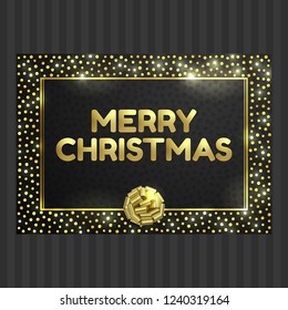 Black and gold card with gold circle frame with gold ribbon bow and space for text. Vector glitter template for valentine, christmas and birthday cards, wedding invitation, party posters and flyers.