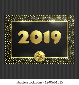 Black and gold card with gold circle frame with gold ribbon bow and space for text. Vector glitter template for valentine, christmas and birthday cards, wedding invitation, party posters and flyers.