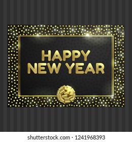 Black and gold card with gold circle frame with gold ribbon bow and space for text. Vector glitter template for valentine, christmas and birthday cards, wedding invitation, party posters and flyers.