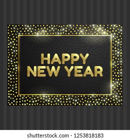 Black and gold card with gold circle frame and space for text. Vector glitter template for valentine, christmas and birthday cards, wedding invitation, party posters and flyers.