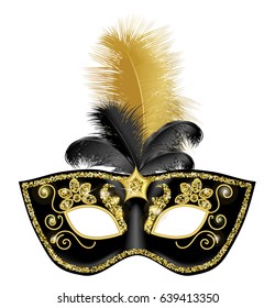 Black gold carnival mask with feathers on white background