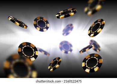 Black Gold Casino Chips Falling In Different Positions On Light Background. Golden Poker Chips Wallpaper Backdrop