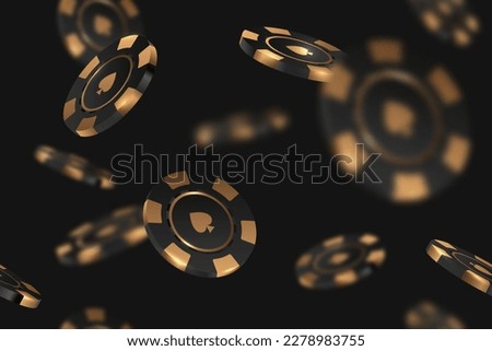 Black gold casino chips falling seamless background isolated on black in different positions. Poker endless texture with falling golden defocused blur elements