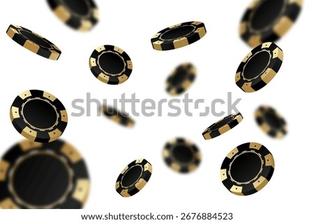 Black gold casino chips falling in different positions on transparent background. Golden poker chips isolated backdrop with defocused blur elements, vector 10 eps.