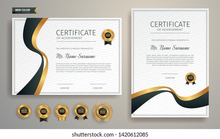 Black and gold certificate of achievement border template. Luxury badge and modern line pattern