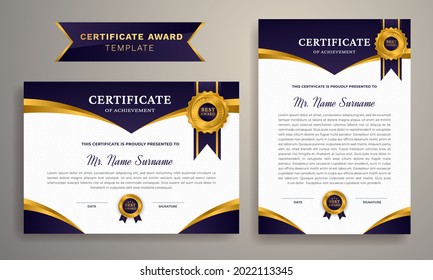 Black and gold certificate of achievement border template. Creative and modern certificate with luxury badge and modern line pattern. Graduation vector template