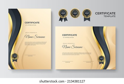 Black And Gold Certificate Of Achievement Border Template With Luxury Badge And Modern Wavy Line Pattern. For Award, Business, And Education Needs