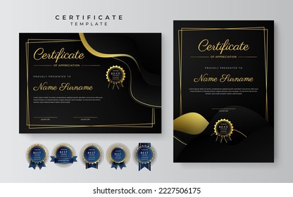 Black and gold certificate of achievement border template with luxury badge and modern line pattern. For award, business, and education needs