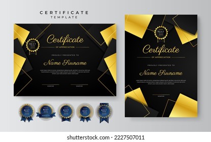 Black and gold certificate of achievement border template with luxury badge and modern line pattern. For award, business, and education needs