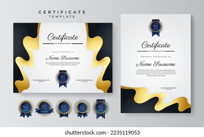 Black and gold certificate of achievement border template with luxury badge and modern line pattern. For award, business, and education needs