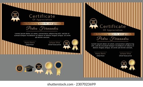 Black and gold certificate of achievement border template with luxury badge and modern line pattern. For award, business, and education needs. This Black and gold Business award certificate, education