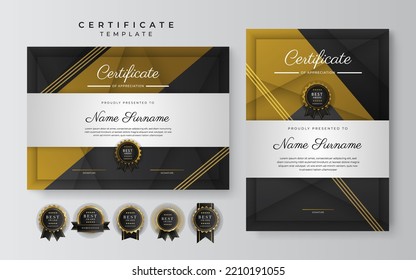 Black and gold certificate of achievement template with gold badge and border