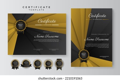 Black and gold certificate of achievement template with gold badge and border