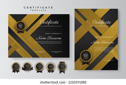 Black and gold certificate of achievement template with gold badge and border