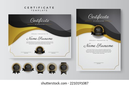 Black and gold certificate of achievement template with gold badge and border