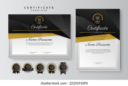 Black and gold certificate of achievement template with gold badge and border